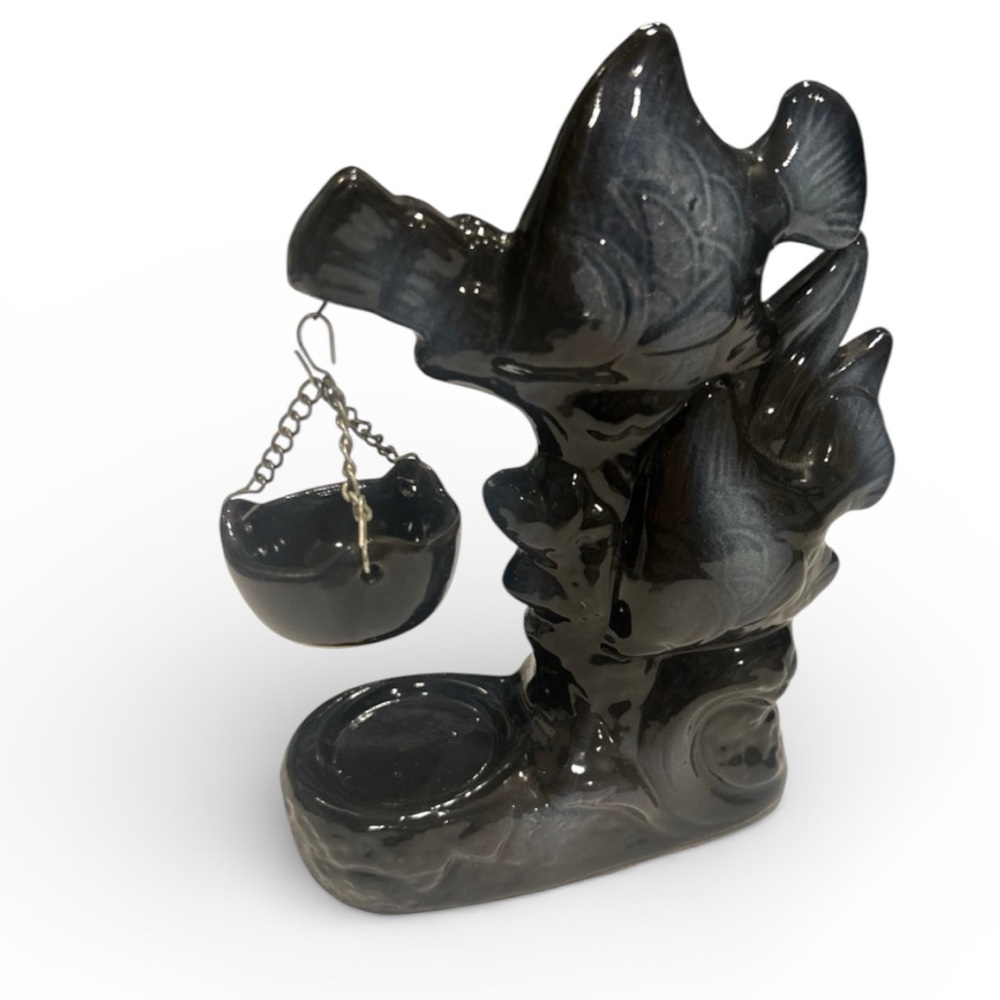 Vintage 90s Tea Light aroma oil warmer Fish statue black onyx RARE ceramic